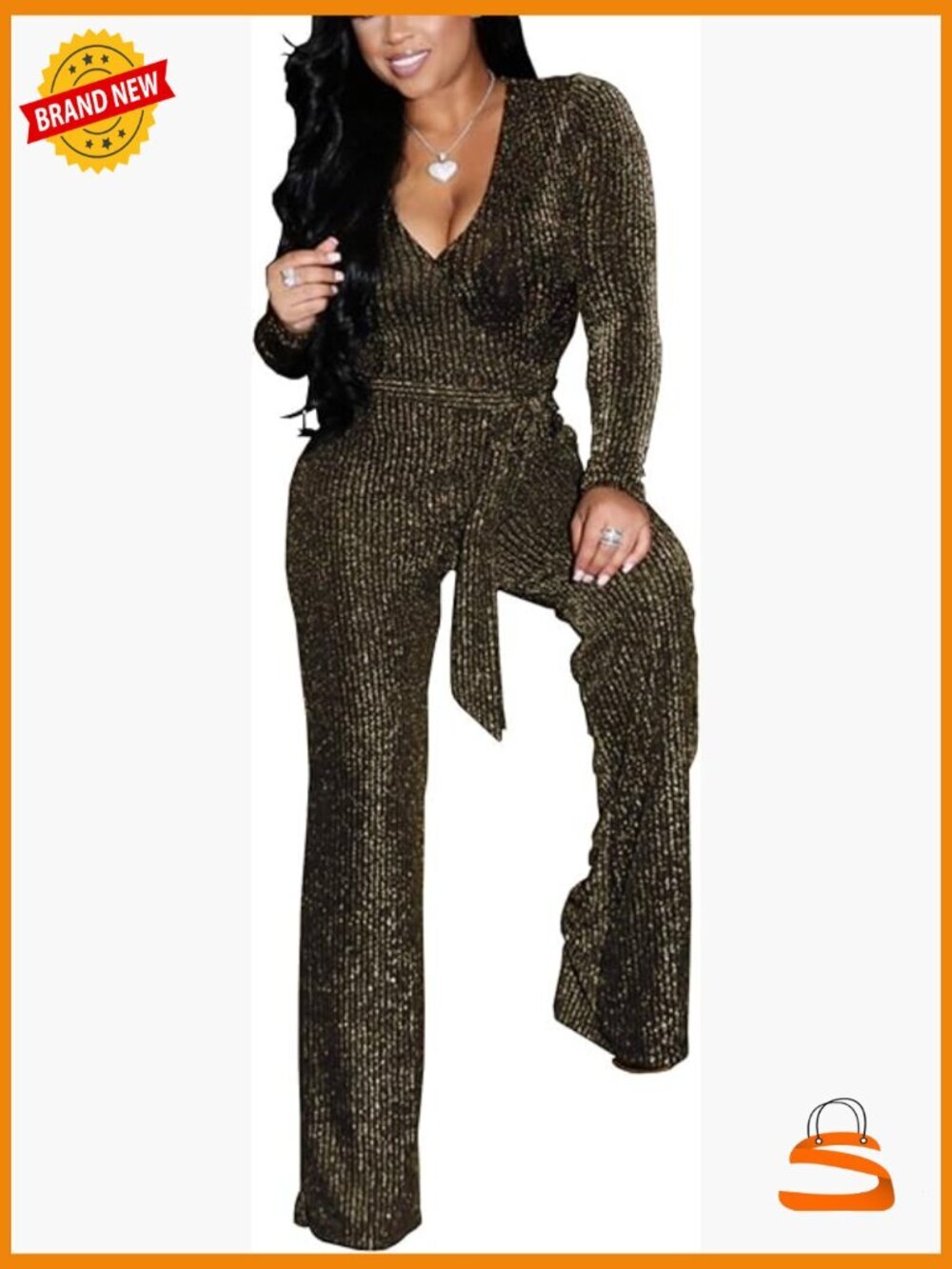 Sequin Jumpsuit V-Neck Long Sleeve Wide Leg Plus Size Party Outfit